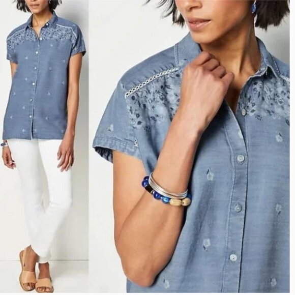 J.‎ Jill Denim Cap Sleeve Button Front Chambray Shirt Top Flowers Medium - Picture 4 of 14
